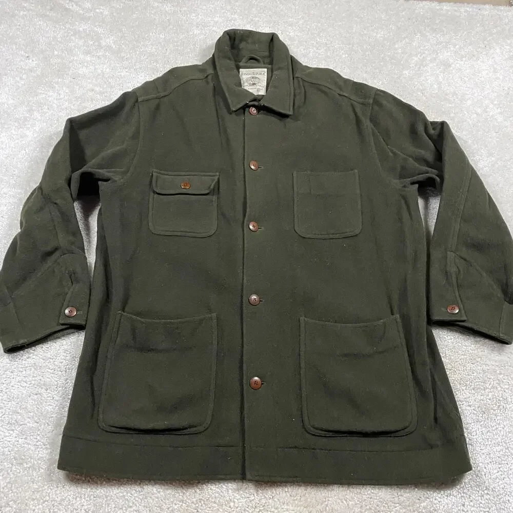 VTG Banana Republic Coat Mens L Green Wool Travel Field Overcoat Chore Jacket
